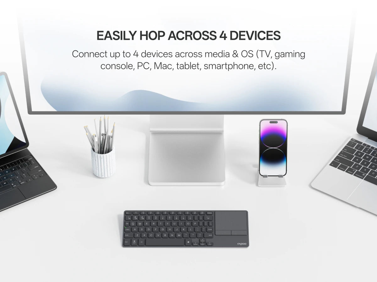 Rapoo Portable Wireless Keyboard with Touchpad Multi-Device HTPC Keyboard for PC-Connected TV/Tablet/Steam Deck/Gaming Console/Raspberry Pi/Mini PC Support Touch Gestures for PC Windows Mac