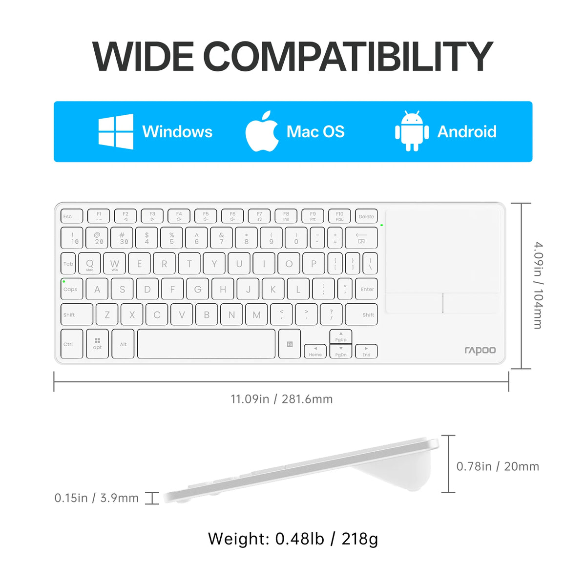 Rapoo Portable Wireless Keyboard with Touchpad Multi-Device HTPC Keyboard for PC-Connected TV/Tablet/Steam Deck/Gaming Console/Raspberry Pi/Mini PC Support Touch Gestures for PC Windows Mac